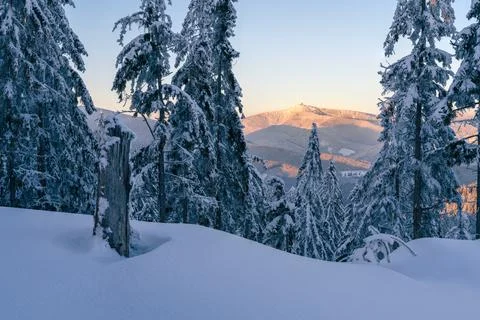 Sunset from the top of the mountain in Carpathian range. Landscape with winter Stock-Fotos
