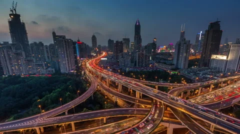 Sunset traffic interchange crossroad 4k time lapse from shanghai city Stock Footage