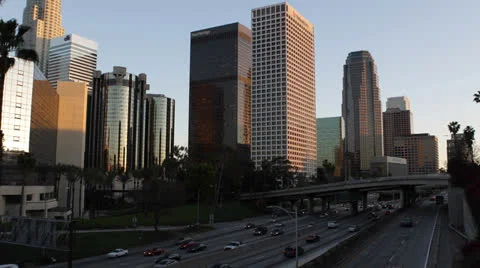 Sunset Traffic Jam on Freeway USA, Downtown Los Angeles, LA, California, Highway Video stock 23266649