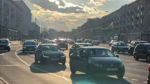 Sunset Traffic Rush Minsk's Bustling Avenue during Rush Hour Stock Footage 270313328