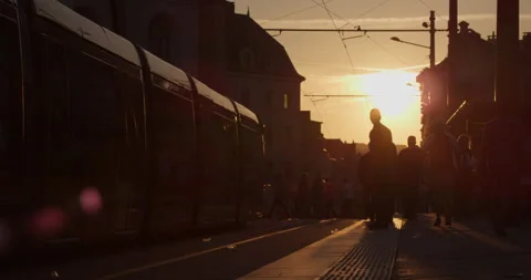 Sunset at a Tram Station in Le Mans, France 2 Stock Footage 300846188