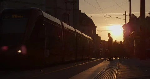 Sunset at a Tram Station in Le Mans, France Stock Footage 300846190