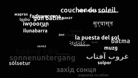Sunset Translated in 44 Worldwide Languages Endless Looping 3d Zooming Wordcl Stockbeeldmateriaal 145203711