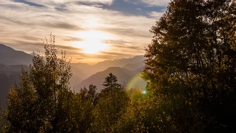 Sunset Tree Mountain Alps Autumn Switzerland Aerial 4k Stock Footage 99679149