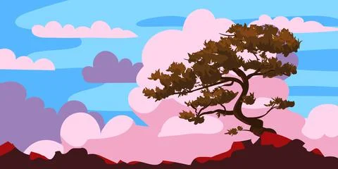Sunset tree silhouette on a cliff, clouds after rain. Landscape evening panorama Stock Illustration