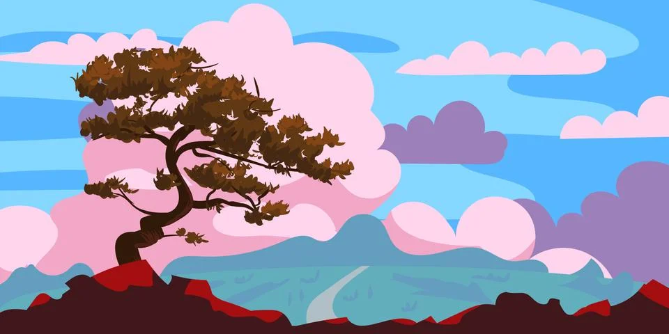 Sunset tree silhouette on a cliff, clouds after rain. Landscape evening panorama Stock Illustration