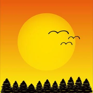 Sunset with trees and birds Stock Illustration