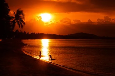 Sunset at tropical beach with male and female silhouette. Stock Photos