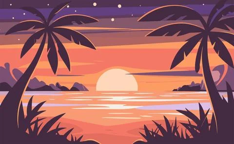 Sunset on Tropical Sea beach vector art background Stock Illustration