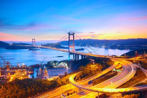 Sunset at tsing ma bridge Stock Photos