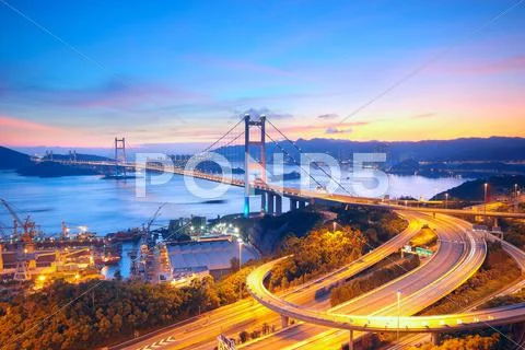 Sunset at Tsing Ma Bridge Stock Photos