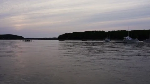 Sunset, twilight, dusk and sun path reflection in Bar Harbor, Maine village Stock Footage 80202665