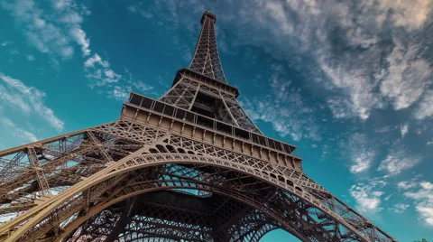Sunset twilight eiffel tower blue sky down to top paris 4k time lapse france Stock Footage 56736763