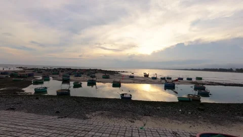 Sunset Twilight Sky Over Coastal Beach with Traditional Fishing Basket Boats Stock Footage 341415351