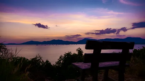 Sunset Twilight Viewpoint Bench and Boat Bay Stock Footage 61571327