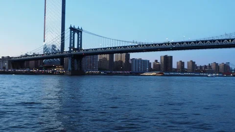 Sunset on the Two Bridges: Manhattan one and Brooklyn one Stock Footage 108616163