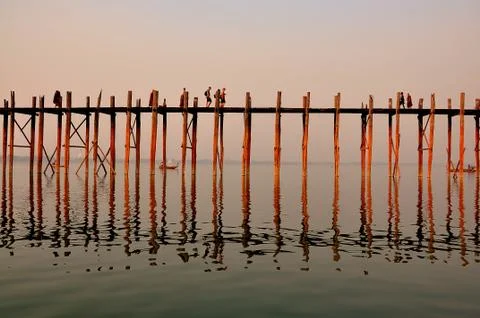 Sunset in U Bein bridge, Myanmar Stock Photos