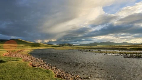 Sunset on the Ulaan river, Mongolia.  Stock Footage 77164356