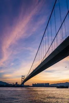 Sunset Under The Tsing Ma Bridge Of Hong Kong Stock-Fotos