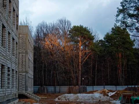 Sunset on unfinished construction in spring Stock Photos