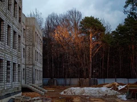 Sunset on unfinished construction in spring Stock Photos