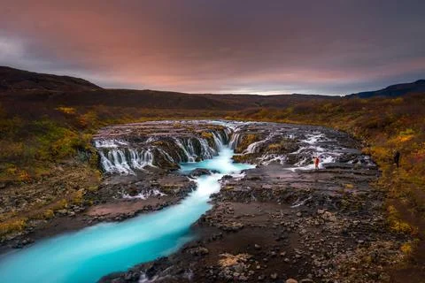 Sunset with unique waterfall - Bruarfoss Stock Photos