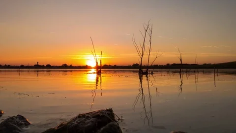 Sunset upon a lake with planes in the sky Video stock 85169499