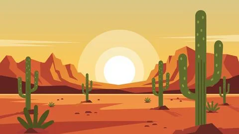 Sunset Valley Desert Flat Design Illustration Sunset Stock Illustration