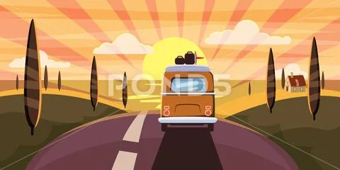 Sunset Van camper, bus on the road goes to the sea for a summer vacation Stock Illustration