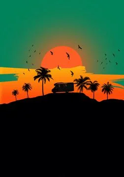 Sunset Van Camping Stock Illustration
