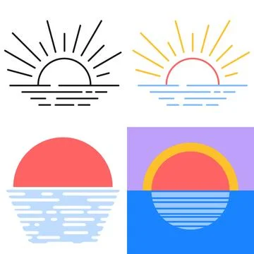 Sunset vector icons set four different abstract design styles isolated Stock Illustration