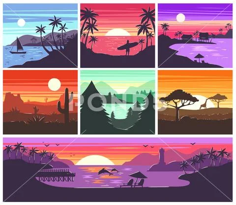 Sunset vector sunrise with Hawaii palms or mountain silhouette on backdrop Stock Illustration