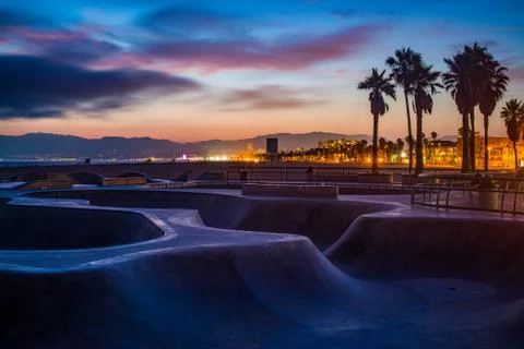 Sunset at Venice Beach Skate Park in Los Angeles. Stock Photos