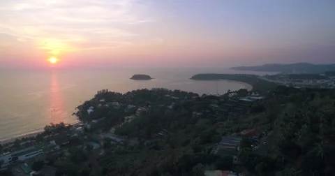 Sunset View Across Kata and Karon Beaches Phuket Thailand Aerial Ascending Shot Video stock 65024273