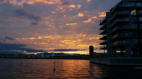 Sunset view of Aker Brygge in Oslo, Norway Stock Footage 92170134