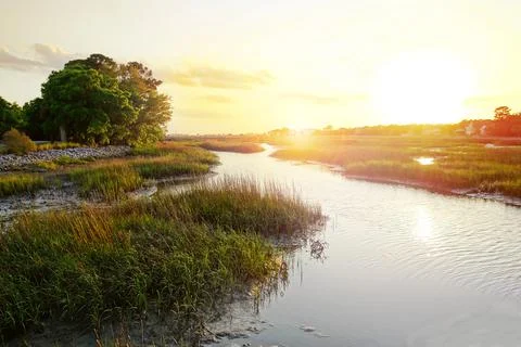Sunset view along the marsh in the Low Country near Charleston SC Stock Photos