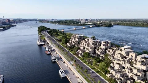 The sunset view of apartment Habitat 67 near to St. Lawrence River, Montreal, Stock Footage 311612910