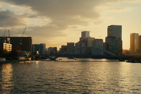 Sunset view around the Tsukiji area with warm light and calm evening atmosphere. Stock Footage 321787922