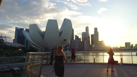 Sunset view of Art Science Museum, downtown in Singapore Stock Footage 130707839