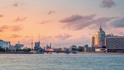 Sunset view Aurora cruiser in Neva river, Saint-Petersburg, Russia Stock Footage 119578619