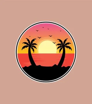 Sunset view of a beach and twin coconut trees in silhouette style Stock Illustration