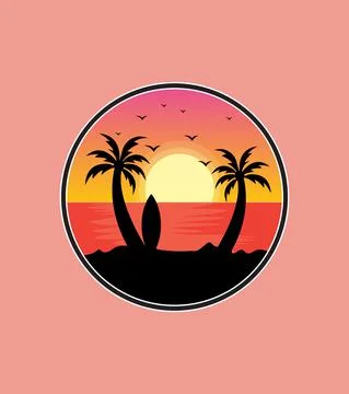 Sunset view of a beach, surf and twin coconut trees in silhouette style Stock Illustration