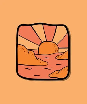 Sunset view on a beautiful beach design of line badge patch pin graphic Stock Illustration
