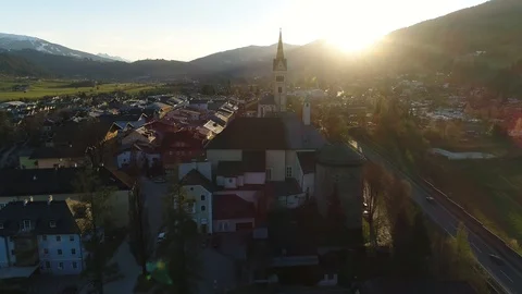 Sunset view of beautiful landscape of small spring town among Austrian alpine Stock Footage 124533507