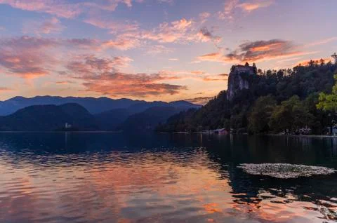 Sunset view of the Bled lake and castle Stock Photos