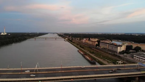 Sunset view of bridge with river Stock Footage 116713553