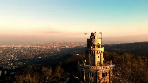 Sunset view to Budapest - Janos Hill - Elisabeth Lookout - Erzsébet kilátó Stock Footage 232538021