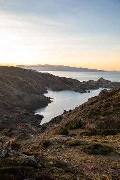 Sunset view of the Cap de Creus coastline with the sunset, Catalunya Stock Photos