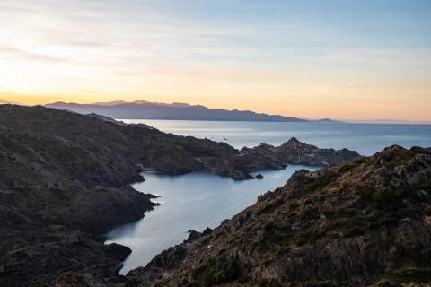 Sunset view of the Cap de Creus coastline with the sunset, Catalunya Stock Photos