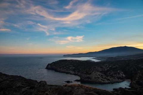 Sunset view of the Cap de Creus coastline with the sunset, Catalunya Stock Photos